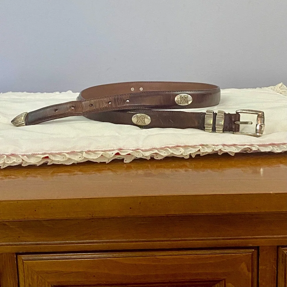 AML 3000 VTG Brown Top Grain Oil Tan Leather Golf Belt Silver Tone Concho Sz 36